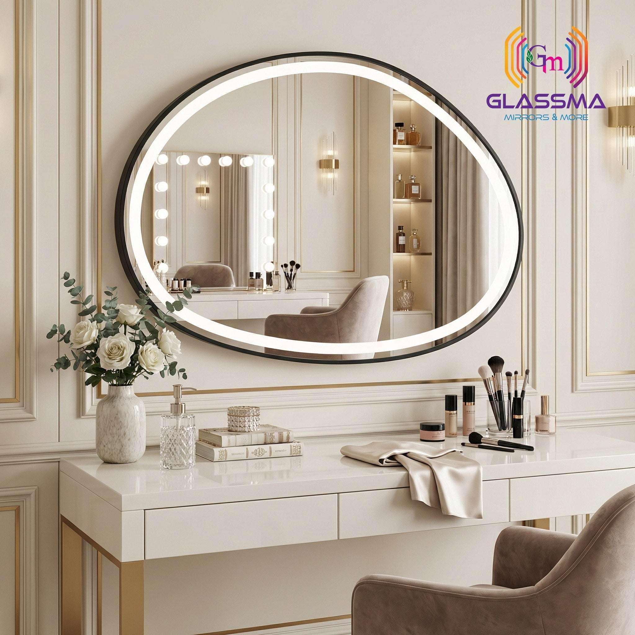 Modern Pebble Shape LED Mirror - Front-Lit Black Frame Bathroom Wall Mirror - Glassma